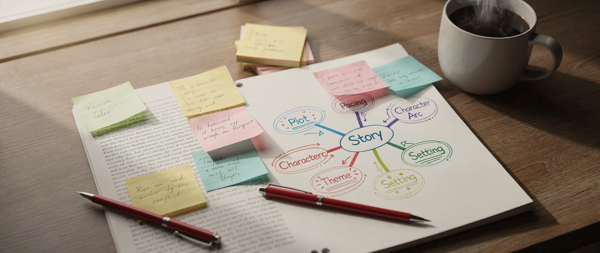 A hand-drawn story-structure mind map branching from a central Story node to plot, pacing, character, setting, and theme, surrounded by sticky notes and pens.